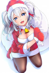 Rule 34 | 10s, 1girl, :d, alternate costume, bad id, bad pixiv id, bell, black pantyhose, blue eyes, breasts, christmas, cleavage, gloves, kantai collection, kashima (kancolle), large breasts, looking at viewer, magenta (atyana), mittens, open mouth, pantyhose, red gloves, red mittens, sack, santa costume, silver hair, simple background, smile, solo, twintails, white background