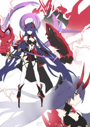 1girl absurdres artist_name bare_shoulders black_dress black_shoes breasts closed_mouth commentary dated dress gauntlets hair_spread_out halo highres holding holding_sword holding_weapon honkai_(series) honkai_impact_3rd horns katana kkkula_(kula) large_breasts long_hair multiple_views pelvic_curtain purple_eyes purple_hair raiden_mei raiden_mei_(herrscher_of_thunder) red_horns shoes short_dress solo sword thighhighs very_long_hair weapon white_thighhighs