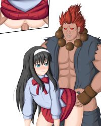 Rule 34 | 1boy, 1girl, absurdres, akuma (street fighter), ass, ass grab, black hair, blue eyes, blush, crossover, doggystyle, dougi, hetero, highres, leandroff5, melty blood, muscular, muscular male, red eyes, red hair, self-upload, sex, sex from behind, shirt, sleeveless, sleeveless shirt, street fighter, tohno akiha, transparent background, tsukihime, uncensored, vaginal