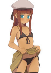 Rule 34 | 1girl, absurdres, bad id, bad pixiv id, bare arms, bare shoulders, beret, bikini, bikini tan, black bikini, black thighhighs, blue eyes, blunt bangs, blush, breasts, brown hair, cleavage, closed mouth, clothes lift, collarbone, cowboy shot, front-tie bikini top, front-tie top, green skirt, grey hat, groin, hat, highres, lifting own clothes, long hair, original, shiny skin, side-tie bikini bottom, sidelocks, simple background, skirt, skirt lift, small breasts, solo, surio, swimsuit, tan, tanline, thighhighs, white background