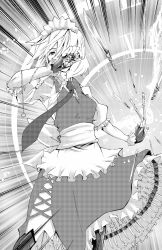 Rule 34 | 1girl, apron, bad id, bad pixiv id, bandolier, between fingers, clock, dithering, fingerless gloves, fingernails, gloves, greyscale, hair over one eye, highres, holding, holding knife, i-la, izayoi sakuya, knife, knives between fingers, maid headdress, monochrome, nail polish, necktie, pantyhose, pocket watch, short sleeves, solo, speed lines, spell, touhou, watch, white hair