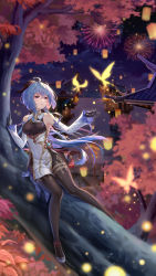 Rule 34 | 1girl, absurdres, ahoge, arm support, autumn, autumn leaves, bare shoulders, bell, black gloves, black pantyhose, blue hair, blush, bodystocking, breasts, bug, butterfly, chinese commentary, commentary request, covered navel, detached sleeves, fireworks, full body, ganyu (genshin impact), genshin impact, gloves, glowing, glowing butterfly, highres, horns, in tree, insect, long hair, long sleeves, medium breasts, night, night sky, pantyhose, parted lips, purple eyes, sitting, sky, smile, solo, town, tree, very long hair, white footwear, yelan xing xuan
