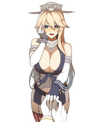 Rule 34 | absurdres, admiral (kancolle), belt, blonde hair, blue eyes, blush, breasts, cleavage, garter straps, hand on own face, happy tears, highres, hyperbudd, iowa (kancolle), jewelry, kantai collection, large breasts, looking at viewer, military, military uniform, miniskirt, naval uniform, pov, pov hands, marriage proposal, putting on jewelry, ring, skindentation, skirt, smile, tears, thighhighs, uniform, wedding band
