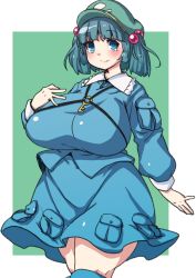 Rule 34 | 1girl, alternate breast size, bad hands, blue eyes, blue hair, blunt bangs, blush, boots, breasts, green hat, hair bobbles, hair ornament, hat, hiro (h-net), huge breasts, kawashiro nitori, key, long sleeves, looking at viewer, plump, pocket, shirt, short hair, skirt, skirt set, smile, solo, standing, thick thighs, thighs, touhou, two side up