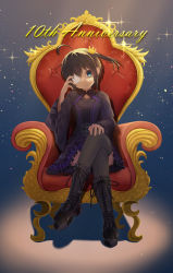 Rule 34 | 1girl, ahoge, alternate hair ornament, black footwear, boots, brown hair, brown thighhighs, chuunibyou demo koi ga shitai!, closed mouth, crossed legs, crown, dress, eyepatch, frilled dress, frills, full body, hand up, highres, knee boots, long sleeves, looking at viewer, medical eyepatch, official alternate costume, purple dress, shikkoku no hono mikado, sitting, solo, takanashi rikka, thighhighs, throne, wide sleeves