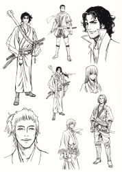 Rule 34 | 10s, 6+boys, absurdres, cowboy shot, facial hair, full body, fuuun ishin dai shogun, guitar, hair over one eye, hand on own chin, high collar, highres, holding, holding sword, holding weapon, instrument, long hair, male focus, monochrome, multiple boys, multiple views, non-web source, one eye covered, portrait, shoes, short hair, sideburns, stroking own chin, stubble, sword, weapon, white background, yamashita shun&#039;ya