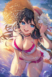Rule 34 | 1girl, :d, absurdres, artist name, bead bracelet, beads, bikini, black choker, black hair, blue eyes, bracelet, breasts, choker, cleavage, cloud, dutch angle, floating hair, frilled bikini, frills, front-tie top, hand on headwear, hand on own thigh, hand up, happy, hat, heartki, highres, jewelry, large breasts, leaning forward, lens flare, long hair, mole, mole on breast, nail polish, necklace, ocean, open mouth, original, outdoors, pendant, red nails, round teeth, side-tie bikini bottom, smile, solo, sparkle, standing, straw hat, swimsuit, teeth, thighs, two-tone bikini, upper teeth only, wading, water drop, wet, white bikini