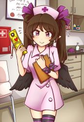 Rule 34 | 1girl, alternate costume, black ribbon, black thighhighs, black wings, blush, brown hair, cabinet, cellphone, certificate, chair, checkered ribbon, clipboard, commentary, commission, counter, dress, english text, eyelashes, faucet, feathered wings, flying sweatdrops, hair ribbon, hand up, hat, heart, himekaidou hatate, holding, holding phone, indoors, leg ribbon, long hair, looking at viewer, nurse, nurse cap, outline, phone, pink dress, pointy ears, purple eyes, purple ribbon, ribbon, short dress, short sleeves, sink, smile, solo, thighhighs, tokin hat, touhou, twintails, white outline, wings, wool (miwol), wrist ribbon, zettai ryouiki