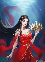 Rule 34 | 1girl, absurdres, artist request, black hair, cai lin (doupo cangqiong), collar, doupo cangqiong, dress, earrings, expressionless, facial mark, forehead mark, hair ornament, highres, jewelry, long hair, metal collar, pointy ears, red dress, red eyes, second-party source, solo, upper body, water