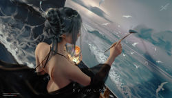 Rule 34 | 1girl, artist name, backless dress, backless outfit, bird, black dress, dress, from above, ghostblade, grey hair, hair bun, highres, holding, holding paintbrush, paintbrush, pointy ears, princess yan, scar, scar on back, single hair bun, sky, solo, water, waves, wlop