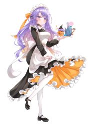 Rule 34 | 1girl, absurdres, apron, apron hold, black choker, black dress, black footwear, blonde hair, blush, candy, choker, closed mouth, cup, dress, earrings, food, frilled dress, frills, full body, gradient hair, highres, holding, holding tray, hololive, hololive indonesia, hoop earrings, jewelry, lollipop, long hair, long sleeves, looking at viewer, maid, maid apron, maid headdress, moona hoshinova, multicolored hair, null maru, pantyhose, purple hair, shoes, simple background, smile, solo, standing, standing on one leg, starry hair, swirl lollipop, tray, two-tone hair, virtual youtuber, white background, white pantyhose