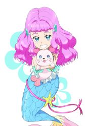 Rule 34 | 1girl, animal, blue eyes, blunt bangs, bracelet, commentary, frilled shirt, frills, grin, hair ornament, holding, holding animal, jewelry, kayabakoro, kururun (precure), laura (precure), long hair, looking at viewer, mermaid, monster girl, pink hair, precure, seal (animal), shirt, sleeveless, sleeveless shirt, smile, solo, star (symbol), tropical-rouge! precure, white background, white shirt