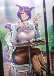 Rule 34 | 1girl, animal ears, black pantyhose, blurry, blurry background, book, breasts, cafe, cat ears, cat tail, commission, crossed legs, cup, facial mark, final fantasy, final fantasy xiv, highres, holding, holding cup, kionaoki, large breasts, miqo&#039;te, one eye closed, open book, pantyhose, pencil skirt, purple eyes, purple hair, short hair, sitting, skirt, smile, solo, tail, v, warrior of light (ff14), whisker markings