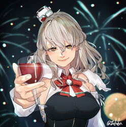 Rule 34 | 1girl, blush, bread slice, breasts, brown eyes, corset, cup, drinking glass, drunk, fireworks, food, fuwafuwatoufu, grey hair, hair between eyes, happy birthday, hat, highres, kantai collection, large breasts, long hair, long sleeves, looking at viewer, mini hat, pola (kancolle), shirt, signature, smile, solo, the great gatsby, thick eyebrows, tilted headwear, toast, twitter username, upper body, wavy hair, white shirt