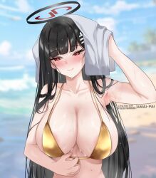 Rule 34 | 1girl, amai-pai, armpits, bikini, black hair, blue archive, breasts, closed mouth, drying, drying hair, gold bikini, hair ornament, hairclip, halo, highres, large breasts, long hair, looking to the side, mole, mole under eye, patreon username, pixiv username, red eyes, rio (blue archive), smile, solo, swimsuit, towel, upper body, wet, wet hair