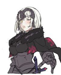 Rule 34 | 1girl, ;o, armor, bad id, bad twitter id, black cape, blush, cape, chain, fate/grand order, fate (series), fur-trimmed cape, fur trim, headpiece, jeanne d&#039;arc (fate), jeanne d&#039;arc alter (avenger) (fate), jeanne d&#039;arc alter (avenger) (first ascension) (fate), jeanne d&#039;arc alter (fate), looking at viewer, one eye closed, sketch, solo, sword, teshima nari, weapon, white background