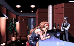 Rule 34 | 1girl, amazuyu tatsuki, bar (place), bending, black dress, cocktail glass, cup, dress, drinking glass, game cg, hand on own chin, headband, kokubo reika, long hair, looking at viewer, pc-98 (style), pia carrot (series), pia carrot e youkoso!!, plant, red headband, smile, very long hair