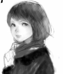 Rule 34 | 1girl, greyscale, lowres, mo-mantai, monochrome, original, scarf, simple background, sketch, solo