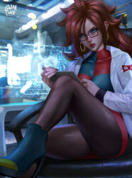 Rule 34 | 1girl, absurdres, android 21, black-framed eyewear, black nails, black pantyhose, blue eyes, blurry, blurry background, breasts, brown hair, checkered clothes, checkered dress, coat, dragon ball, dragon ball fighterz, dress, earrings, glasses, highres, holographic monitor, hoop earrings, jewelry, large breasts, lips, logan cure, long hair, looking at viewer, open clothes, open coat, pantyhose, parted lips, sitting, solo
