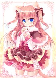 Rule 34 | 1girl, ahoge, animal ears, blue eyes, blush, bow, brown bow, brown capelet, brown hair, capelet, cat ears, cat tail, closed mouth, commentary request, cowboy shot, fur-trimmed capelet, fur trim, hair between eyes, hair bow, hand on own chest, hands up, layered skirt, long hair, long sleeves, looking at viewer, multicolored clothes, multicolored skirt, original, shikito (yawa0w0), shirt, skirt, sleeves past wrists, smile, solo, tail, thighhighs, two side up, very long hair, white shirt, white thighhighs