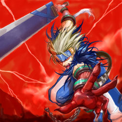 Rule 34 | 00s, 1boy, belt, chain, claws, dungeon and fighter, fang, headband, highres, huge weapon, long hair, male focus, red background, red eyes, slayer (dungeon and fighter), solo, sword, vest, weapon