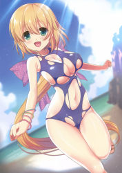 Rule 34 | 1girl, :d, absurdres, blonde hair, blush, breasts, cameltoe, cleavage, cleft of venus, copyright request, cropped, green eyes, highres, large breasts, leg up, light rays, long hair, nanase meruchi, navel, one-piece swimsuit, open mouth, sandals, scan, smile, solo, sunbeam, sunlight, swimsuit, torn clothes, torn swimsuit