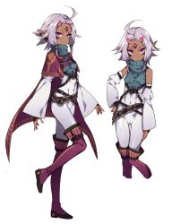 Rule 34 | 1girl, ahoge, bad id, bad twitter id, belt, black gloves, bodysuit, boots, bridal gauntlets, cape, closed mouth, commentary request, cropped legs, dark skin, detached sleeves, earrings, facial hair, forehead jewel, full body, gem, gloves, horns, jewelry, long sleeves, looking at viewer, maruchi, multiple views, oni, oni horns, original, parted bangs, pointy ears, purple cape, purple eyes, purple footwear, purple hair, short hair, standing, standing on one leg, thigh boots, thigh gap, thighhighs