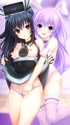 Rule 34 | 2girls, @ @, black dress, black gloves, black hair, d-pad, d-pad hair ornament, dress, elbow gloves, fingerless gloves, gloves, hair ornament, hair ribbon, happy, highres, hypnosis, irori (irorixc), long hair, looking at another, mind control, multiple girls, nepgear, neptune (series), open mouth, purple hair, red eyes, ribbon, sleeveless, smile, two side up, uni (neptunia), yuri