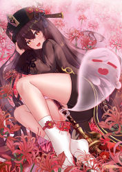 Rule 34 | 1girl, 1other, absurdres, artist request, ass, between legs, black hair, black shorts, blush, chinese clothes, coat, fang, genshin impact, ghost, hair between eyes, hat, hat ornament, highres, hu tao (genshin impact), kneehighs, long hair, looking at viewer, lying, on side, open mouth, orange eyes, shiny skin, short shorts, shorts, smile, socks, staff of homa (genshin impact)