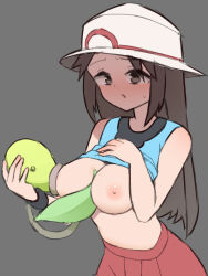 Rule 34 | 1girl, 1other, arched back, bare arms, bare shoulders, bellsprout, blue shirt, breast sucking, brown hair, bucket hat, chestnut mouth, clothes lift, creatures (company), dot nose, furrowed brow, game freak, gen 1 pokemon, grey background, hat, highres, leaf (pokemon), leaning forward, lifted by self, long hair, looking at another, nijitama shiyushiyu, nintendo, nipples, no bra, pokemon, pokemon frlg, red skirt, shirt, shirt lift, simple background, skirt, sleeveless, sleeveless shirt, standing, sweatdrop, tareme