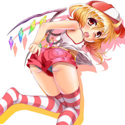 Rule 34 | 1girl, adjusting clothes, alternate costume, armpits, ass, bare shoulders, baseball cap, blonde hair, embodiment of scarlet devil, fang, female focus, flandre scarlet, flat chest, hat, open mouth, panties, red eyes, shirt, shorts, side ponytail, solo, striped clothes, striped panties, striped thighhighs, sushoyushi, thighhighs, touhou, underwear, upshirt, upshorts, wings, zettai ryouiki