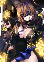 Rule 34 | 1girl, absurdres, animal ears, black dress, black nails, blindfold, blue hair, breasts, brown hair, center opening, chain, cleavage, cleavage cutout, clothing cutout, dress, galleon (granblue fantasy), galleon (life&#039;s compassionate observer) (granblue fantasy), granblue fantasy, highres, large breasts, multicolored hair, pointy ears, signature, smile, solo, two-tone hair, yoake