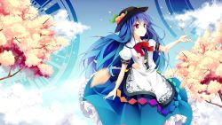 Rule 34 | 1girl, apron, black hat, blue hair, blue skirt, blue sky, blurry, bow, bowtie, cherry blossoms, closed mouth, cloud, cloudy sky, collared shirt, cowboy shot, day, food, fruit, hat, highres, hinanawi tenshi, leaf, long hair, looking to the side, motion blur, outdoors, outstretched arm, outstretched hand, peach, petals, puffy short sleeves, puffy sleeves, rainbow gradient, rainbow order, red bow, red bowtie, red eyes, riniuu, shirt, short sleeves, skirt, sky, smile, solo, touhou, tree, white shirt, wind