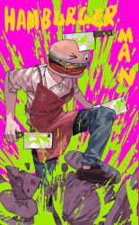 Rule 34 | apron, blood, blood splatter, bread, burger, chainsaw man, cheese, cleaver, collared shirt, employee uniform, facing to the side, family burger mascot (chainsaw man), fast food uniform, food, highres, holding, holding knife, holding weapon, knife, meme, one eye closed, parody, pink background, red apron, shirt, sleeves rolled up, solo, stylized blood, uniform, weapon, white shirt, zena jin