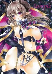 Rule 34 | 1girl, :d, arim0k0, black background, black gloves, black one-piece swimsuit, black slingshot swimsuit, black thighhighs, breasts, brown hair, cape, cleavage, clothes pull, demon girl, demon horns, demon tail, elbow gloves, fingerless gloves, garter straps, gloves, hexagram, highres, horns, large breasts, long hair, looking at viewer, marker (medium), navel, one-piece swimsuit, one-piece swimsuit pull, open mouth, original, pointy ears, pubic tattoo, pulling own clothes, purple cape, purple eyes, sample watermark, slingshot swimsuit, smile, solo, swimsuit, tail, tattoo, thighhighs, traditional media, watermark