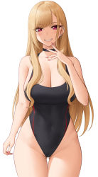 Rule 34 | 1girl, absurdres, bare shoulders, black one-piece swimsuit, blonde hair, blush, breasts, cameltoe, cleavage, collarbone, colored eyelashes, competition swimsuit, fingernails, highres, kitagawa marin, large breasts, legs together, long fingernails, long hair, looking at viewer, one-piece swimsuit, red eyes, simple background, smile, solo, sono bisque doll wa koi wo suru, swimsuit, thighs, very long hair, white background, zaphn