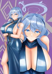 Rule 34 | ako (blue archive), ako (dress) (blue archive), background character, blue archive, blue dress, blue eyes, blue hair, breasts, dress, halo, highres, large breasts, looking at viewer