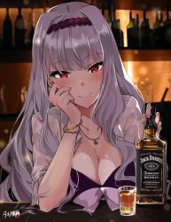 Rule 34 | 1girl, alcohol, bar (place), blush, bottle, bracelet, breasts, cleavage, cup, drinking glass, earrings, hairband, highres, idolmaster, idolmaster (classic), jack daniel&#039;s, jewelry, large breasts, long hair, necklace, open clothes, open shirt, red eyes, shijou takane, shirt, shot glass, silver hair, solo, tuxedo de cat
