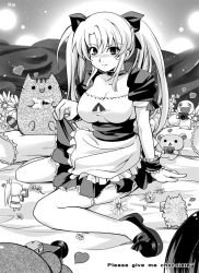 Rule 34 | 1boy, 2girls, :d, arm support, artist name, black footwear, blush, breasts, camera, chibi, choker, cleavage, clothes lift, english text, flower, greyscale, heart, large breasts, looking at viewer, maid, mary janes, mini person, minigirl, monochrome, multiple girls, murasame rin, open mouth, ponytail, pusheen the cat, shoes, sitting, skirt, skirt lift, smile, stuffed animal, stuffed toy, thighhighs, tsundere, twintails, wariza, white day, wrist cuffs