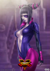 Rule 34 | 1girl, absurdres, alternate costume, black hair, bodysuit, breasts, capcom, center opening, cleavage, drill hair, eyepatch, ggg (gonzalogallianoniz), han juri, highres, large breasts, lips, lipstick, makeup, nail polish, no bra, pink nails, purple bodysuit, purple eyes, purple lips, short twintails, solo, street fighter, street fighter v, twin drills, twintails, unzipped, watermark