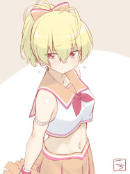 Rule 34 | 1girl, ahoge, andou tazusa, arm at side, arm strap, artist name, assault lily, bare shoulders, blonde hair, blush, bow, breasts, brown background, cheerleader, closed mouth, collarbone, commentary request, cowboy shot, crop top, female focus, flying sweatdrops, frown, gochisousama (tanin050), hair between eyes, highres, holding, holding pom poms, looking at viewer, medium breasts, midriff, multicolored bow, navel, neckerchief, orange bow, orange sailor collar, orange skirt, pink bow, pink neckerchief, pleated skirt, pom pom (cheerleading), pom poms, ponytail, red eyes, sailor collar, shirt, short hair, skirt, sleeveless, sleeveless shirt, solo, standing, stomach, striped, striped bow, sweatdrop, two-tone background, upper body, white background, white shirt, wristband