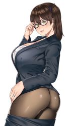 Rule 34 | 10s, 1girl, adjusting eyewear, alternate costume, ass, bespectacled, blush, breasts, brown eyes, brown hair, brown pantyhose, clothes pull, commentary request, cowboy shot, from behind, glasses, highres, jewelry, kaga (kancolle), kantai collection, large breasts, long hair, looking back, no panties, office lady, pantyhose, ring, side ponytail, skirt, skirt pull, solo, wedding band, white background, zonda (solid air)