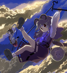 Rule 34 | 2girls, animal ears, basket, blonde hair, cloud, female focus, flying, full body, grey hair, hair ornament, highres, jewelry, mouse (animal), mouse ears, mouse tail, multiple girls, nazrin, outdoors, pendant, polearm, red eyes, shape, shawl, shoes, short hair, sky, socks, spear, syope, tail, toramaru shou, touhou, weapon, yellow eyes