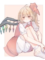 Rule 34 | 1girl, absurdres, ascot, bat wings, blonde hair, crystal, flandre scarlet, hat, hat ribbon, highres, mob cap, multicolored wings, one side up, puffy short sleeves, puffy sleeves, red eyes, red skirt, red vest, ribbon, riripika 2525, short sleeves, side ponytail, sitting, skirt, skirt set, solo, touhou, vest, white hat, wings, yellow ascot