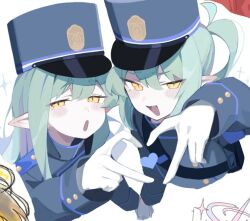 Rule 34 | 2girls, :o, black coat, black hat, blue archive, blush, coat, commentary request, gloves, green hair, green halo, half-closed eyes, halo, hat, heart, heart hands, heart hands duo, heart in heart hands, hikari (blue archive), long hair, long sleeves, looking at viewer, multiple girls, nozomi (blue archive), open mouth, peaked cap, pointy ears, rotroto, simple background, smug, v-shaped eyebrows, white background, white gloves, yellow eyes