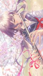 Rule 34 | 1girl, blue sailor collar, blush, bow, branch, brown eyes, brown hair, cherry blossoms, commentary request, dappled sunlight, floating hair, flute, hair between eyes, hair over eyes, haru (hiyori-kohal), highres, instrument, long hair, mole, mole under eye, music, original, outdoors, parted lips, petals, playing instrument, pursed lips, red bow, red ribbon, ribbon, sailor collar, school uniform, sideways, solo, striped, sunlight, tree, wavy hair, wind
