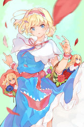 Rule 34 | 1girl, alice margatroid, aqua background, basket, blonde hair, blue dress, blue eyes, blue flower, blurry, blush, blush stickers, capelet, commentary request, cowboy shot, doll, dress, flower, flower basket, frilled cuffs, gradient background, hairband, highres, holding, holding basket, holding flower, hourai doll, looking at viewer, neck ribbon, open mouth, petals, petticoat, red ribbon, ribbon, shanghai doll, short hair, smile, solo, tamiku (shisyamo609), touhou, wind