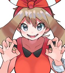 Rule 34 | 1girl, bow, bracelet, brown hair, collarbone, creatures (company), fang, game freak, grey eyes, hair between eyes, hair bow, highres, hyou (hyouga617), jewelry, looking at viewer, may (pokemon), nintendo, open mouth, pokemon, pokemon oras, red shirt, shirt, sleeveless, sleeveless shirt, solo, teeth, white background