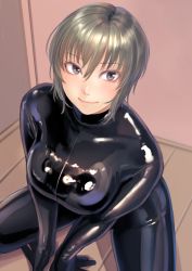 Rule 34 | 1girl, arm support, blonde hair, blush, bodysuit, breasts, breasts squeezed together, from above, grey eyes, hair between eyes, highres, kilye kairi, latex, latex bodysuit, latex suit, looking at viewer, looking to the side, looking up, original, shiny clothes, skin tight, smile, solo