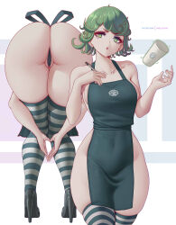 Rule 34 | 1girl, absurdres, apron, ass, bent over, black footwear, breasts, cameltoe, character print, collarbone, commentary, covered navel, cup, disposable cup, english commentary, flipped hair, from behind, green apron, green eyes, green hair, hands up, high heels, highres, holding, holding pen, huge ass, iced latte with breast milk (meme), knees together feet apart, logo parody, medium breasts, melowh, meme, multiple views, nearly naked apron, no lady on twitter can recreate this (meme), one-punch man, panties, parted lips, partially visible vulva, patreon username, pen, short hair, standing, striped clothes, striped thighhighs, tatsumaki, telekinesis, thigh gap, thighhighs, thighs, underwear, wide hips